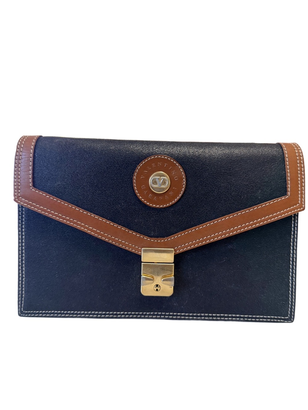 Valentino Garavani Black and Cognac Brown Leather Envelope Clutch